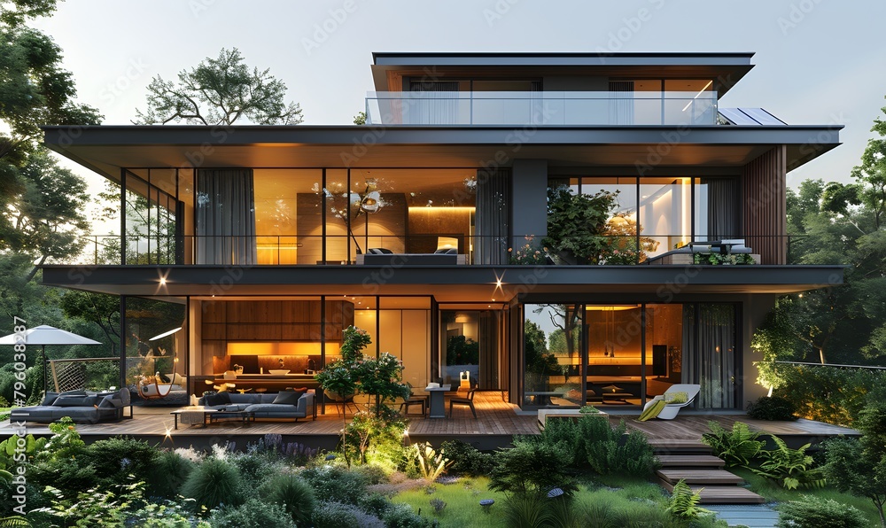 A modern treehouse design with floor plans, set against a dense jungle background. view of nice style villa in tropic environment.