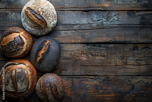 A rustic wooden table with freshly baked sourdough breads arranged in an artistic pattern. Created with Ai