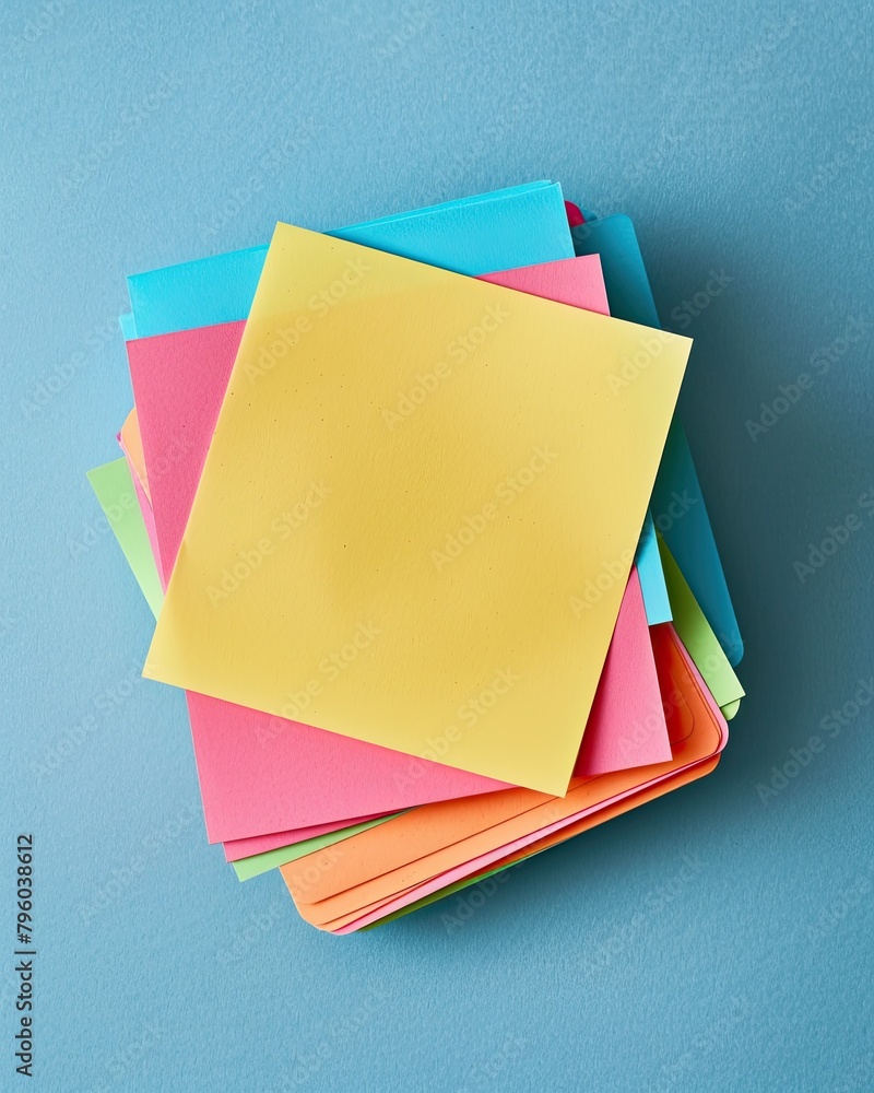 Stack of colorful sticky notes on blue background Stack of colorful sticky notes on blue background