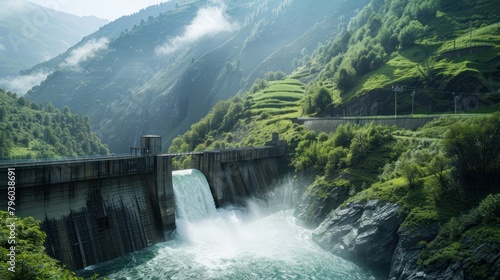 hydroelectric power plant nestled amidst a lush green valley  showcasing the cascading water harnessed for electricity generation. 