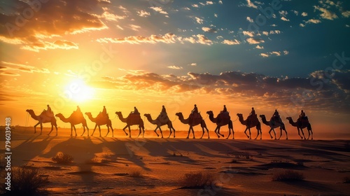  caravan of camels traversing a vast desert landscape  their silhouettes casting long shadows against the setting sun.  