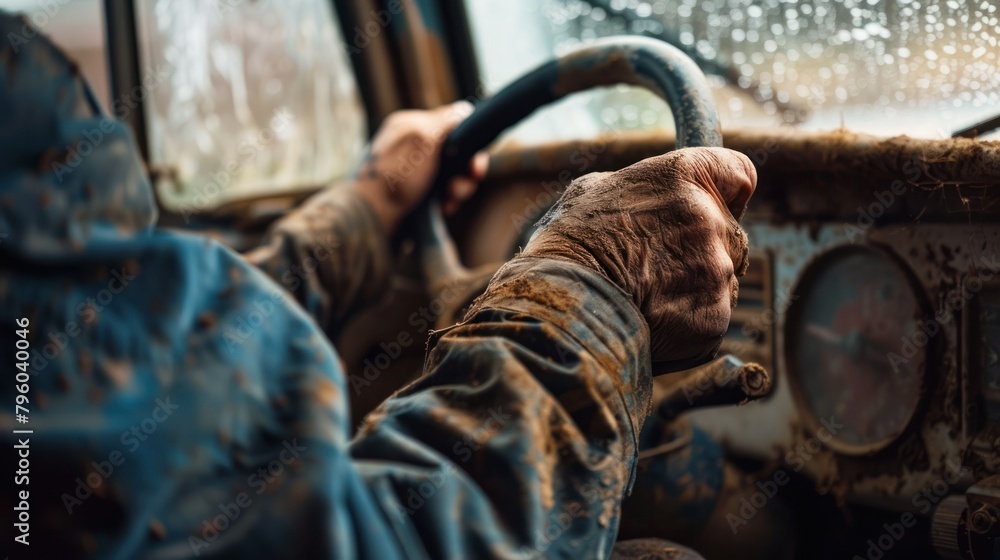 weathered truck driver's hands gripping the steering wheel, conveying the grit and determination of their profession. weathered truck driver's hands gripping the steering wheel, conveying the grit and determination of their profession.