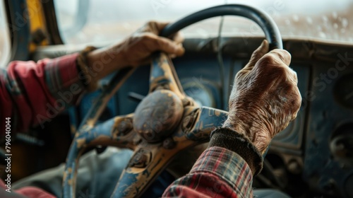  weathered truck driver's hands gripping the steering wheel, conveying the grit and determination of their profession. 