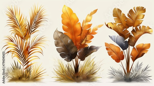 An abstract plant art set with golden foliage modern illustration. Use for wall decor, canvas prints, posters, wall stickers, covers, etc.