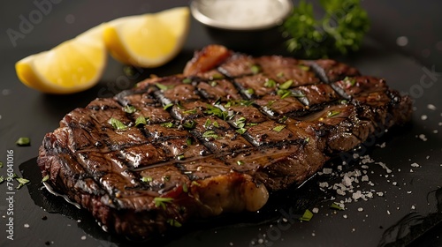 A delicious looking steak with lemon wedges on the side. image of food. copy space for text.