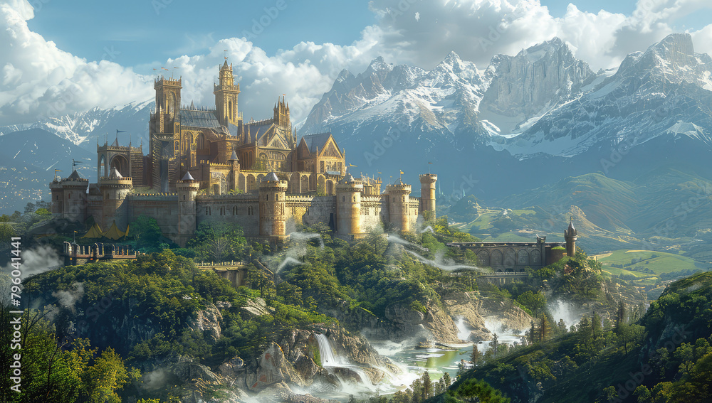 A fantasy city with an ancient castle perched atop the peak of a mountain, overlooking a vast lake and bustling harbor. Created with Ai