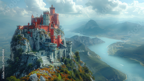  A fantasy city on a mountain, overlooking an ocean and lake with beautiful architecture. Created with Ai