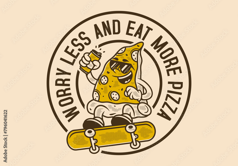 Worry less and eat more pizza. Retro illustration of pizza character jumping on skateboard