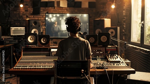 A male artist in a soundproof studio recording music with a computer mixing desk and audio engineer. Concept Music Production, Recording Studio. copy space for text.