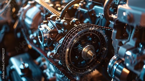 Belt drive of Diesel engine electric generator. Close up car timing belt. Belt transmission close up. industrial technology concept background. copy space for text. photo