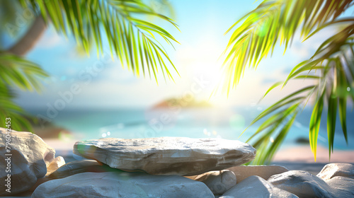 Rough stone podium on tropical beach background with sunlight shining on green coconut leaves.