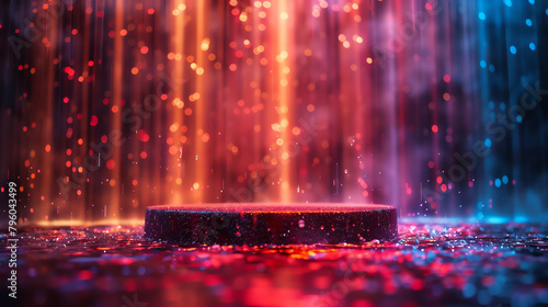 A luminous fiber optic podium with a background of shimmering water drops under colored lights