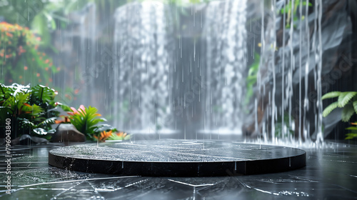 A minimal black slate podium with a background of raindrops falling into a tranquil pool