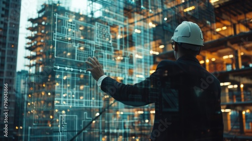 Construction, Engineering Professional Gazing at Holographic Blueprint Amidst Urban Twilight