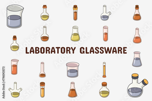 Laboratory Glassware Lineal Color Vector Illustration Icon Sticker Set Design Materials