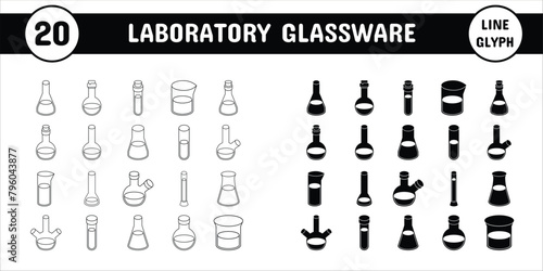 Laboratory Glassware Line Glyph Vector Illustration Icon Sticker Set Design Materials