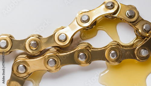 Chain lubrication with oil. Lubricant oil dripping from machine chain photo