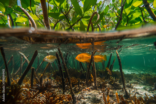 Split underwater view of hidden world beneath mangrove canopy reveals fish among sun-dappled roots. photo