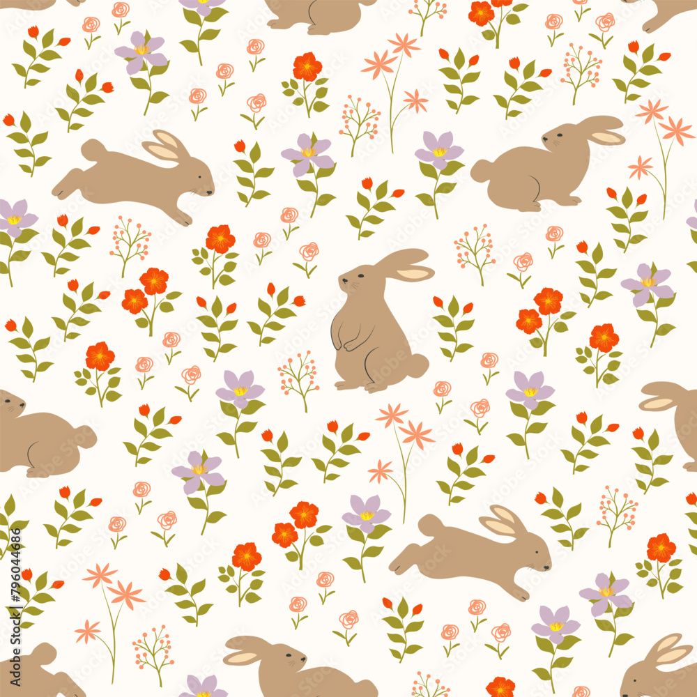 Naklejka premium Easter seamless pattern with hand drawn cute rabbits on spring garden for Easter wrapping paper,fabric,textile,apparel or wallpaper