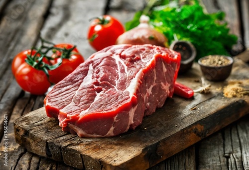 raw meat placed on a rustic wooden surface photo