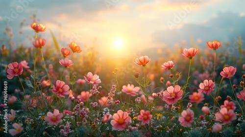 Vibrant Cosmos Flowers at Sunset, Idyllic Nature Background with Copy Space © Ckip