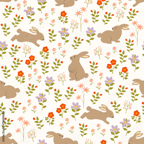 Easter seamless pattern with hand drawn cute rabbits on spring garden for Easter wrapping paper,fabric,textile,apparel or wallpaper