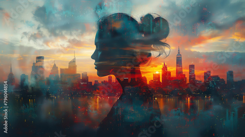 A powerful depiction of a womans silhouette filled with a vibrant cityscape, symbolizing her influence and resilience