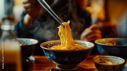 soul-warming comfort of authentic Japanese ramen with a captivating image of hearty bowls, filled to the brim with savory noodles, tender meats, and flavorful broth photo