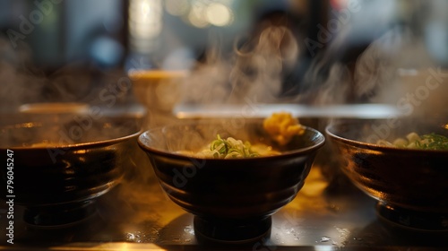 Immerse yourself in the savory world of Japanese cuisine with a captivating depiction of steaming bowls of ramen, each brimming with tantalizing flavors and rich broth