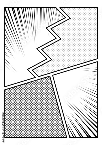 集中線の入ったマンガコマ割り風背景デザイン　ベクターイラスト