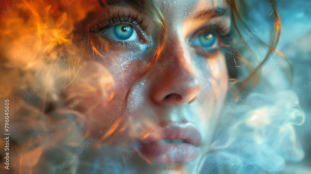 A surreal portrait of a woman with a colorful aura that changes hues with her emotions