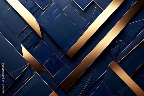  abstract template, featuring a rich dark blue color palette and a striking geometric triangle pattern. The addition of golden striped lines on a black background creates a visually stunning and diver