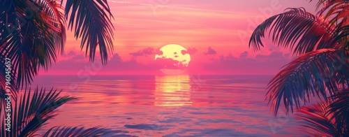Tropical sunset with palm leaves over the ocean, vibrant colors © wanna
