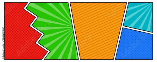 カラフルなドット、放射線、ストライプ柄背景のコミック風コマ割り背景デザイン　横長