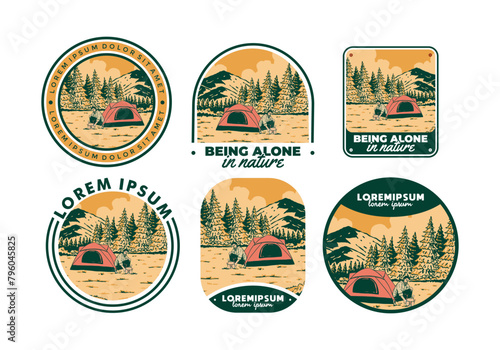 Camping alone in nature. Vintage outdoor illustration badge design