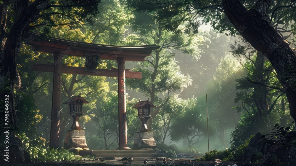 serene Japanese Shinto shrine nestled among ancient trees, serene Japanese Shinto shrine nestled among ancient trees,