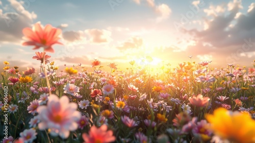 A field of flowers with a bright sun shining down on them