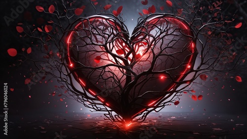 The image is a digital painting of a tree with a heart-shaped canopy. The tree is bare, with only a few branches and leaves. The branches are covered in red lights.
