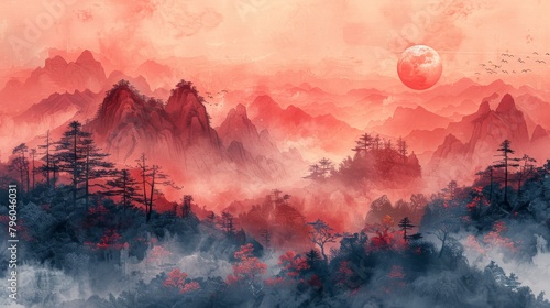 Wall art modern of a mountain with tree birds and sun. China Poster, Watercolor Landscape, Floating Mountains for Home Decor, Office Art and Wallpaper. © DZMITRY