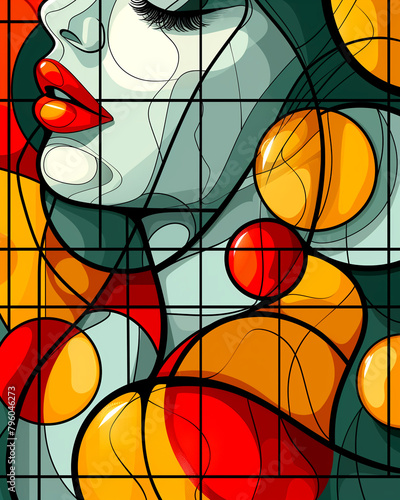 A woman s face is shown in a stained glass window
