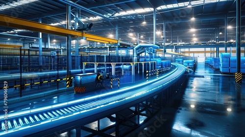 Modern industrial factory with automated machinery and conveyor belts for manufacturing and transportation. Blue steel machinery and equipment in empty warehouse modern.