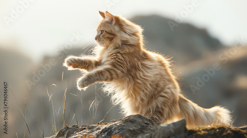 A cat on a hilltop, posed as if ready to engage in a kung fu battle, with its fur ruffled by the wind, illustrating a blend of fantasy and feline behavior.
