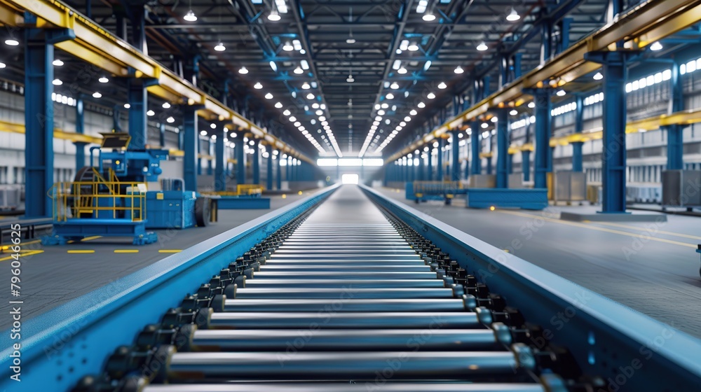 Fototapeta premium Modern industrial factory with automated machinery and conveyor belts for manufacturing and transportation. Blue steel machinery and equipment in empty warehouse modern.