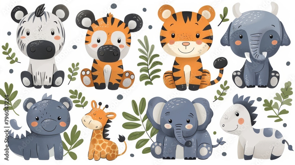 Obraz premium The cute funny animal modern set contains a tiger, hippo, zebra, elephant, crocodile and many characters drawn in a doodle pattern.