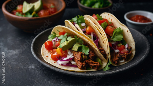 Delicious Mexican Tacos - Mouthwatering Vibrant Ingredients on Dark Concrete Background HD Favorite Food of Mexico City in Top View Style