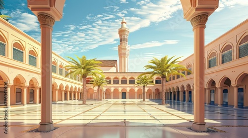  tranquil mosque with an elegant minaret, its courtyard echoing with the call to prayer.  photo