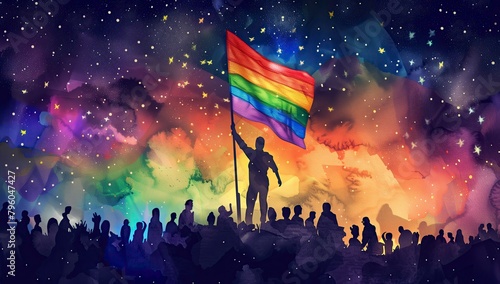 Crowd waving rainbow flags at the gay pride parade. LGBT concept photo