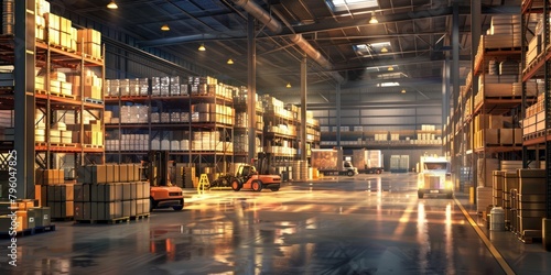 dynamic and bustling industrial scene set within a modern logistics center.