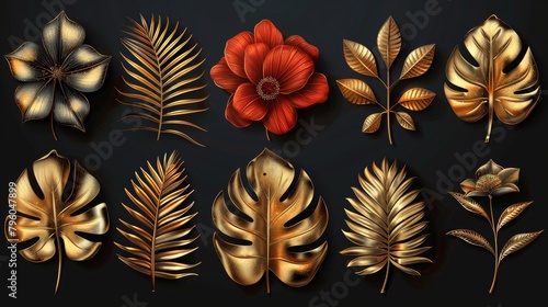 Modern set of luxury foliage elements. Tropical leaves, maple leaves, autumnal plants, spring in gold hand drawn pattern. Elegant Oriental flowers for decorative, printed or logo use.