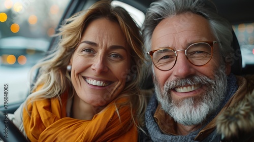 A smiling couple relaxing in the backseat of their EV car, entrusting their journey to the capabilities of driverless technology.
